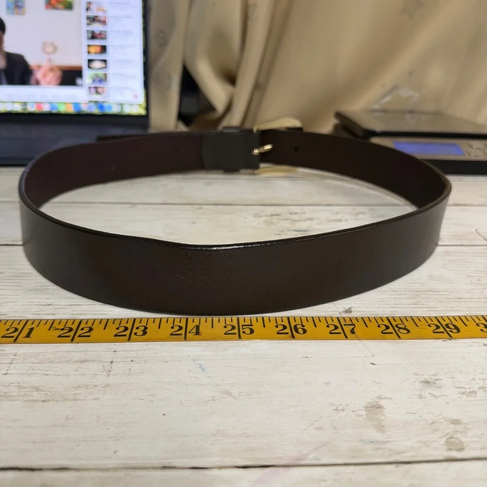 Michael Kors Belt Women Large Brown Genuine Leather Gold MK Logo Buckle Timeless